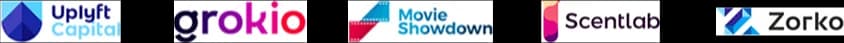 Client logos including Uplyft Capital, grokio, Movie Showdown, Scentlab, and Zorko